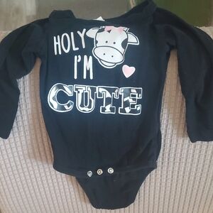 Kids Black One-Piece Bodysuit with Cow Graphic - "Holy I'm Cute"